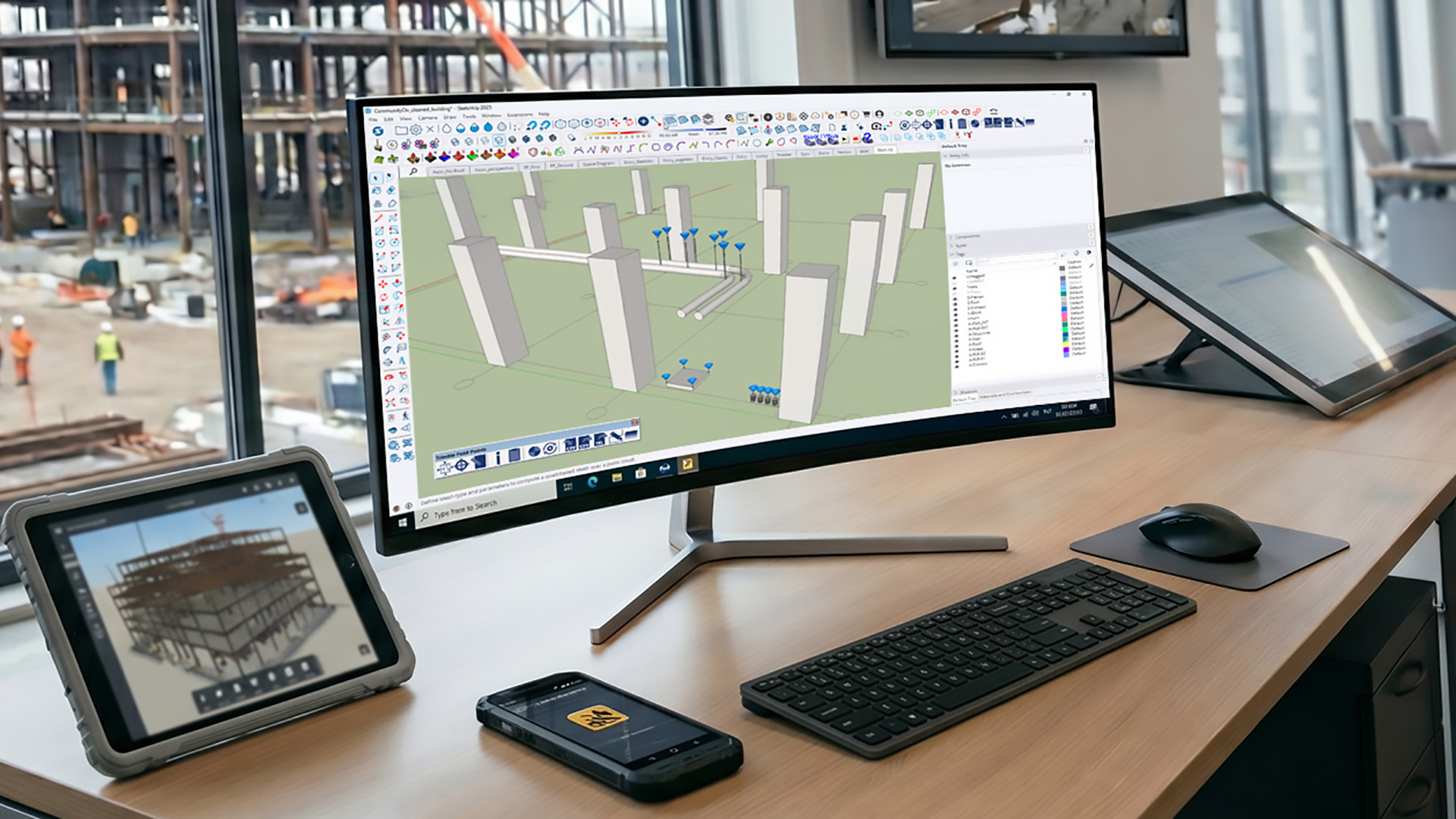 Een werkplek op kantoor met een groot gebogen beeldscherm waarop een 3D-fundering in SketchUp wordt gemodelleerd. Op het bureau liggen ook een tablet met een gerenderd gebouwmodel en een smartphone, met op de achtergrond uitzicht op een actieve bouwplaats.