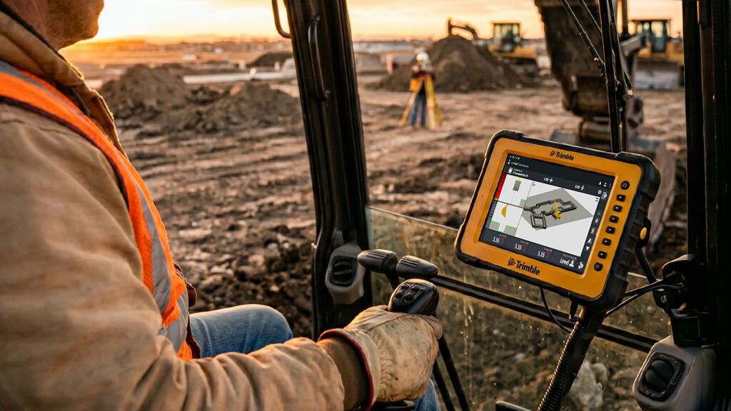 Een machinist kijkt vanuit de cabine van zijn graafmachine over de modderige bouwplaats. Op een gemonteerd Trimble display is de exacte 3D-positie van de bak ten opzichte van het digitale graafplan te zien.