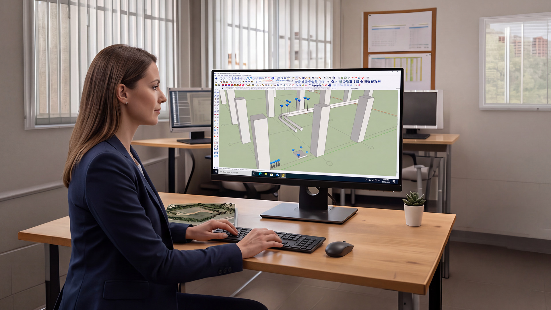 Een vrouwelijke ingenieur werkt gefocust achter een desktopcomputer in een kantooromgeving. Ze bewerkt een gedetailleerd 3D-model van betonnen pilaren en uitzetpunten binnen SketchUp.