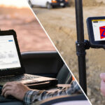 Een gespleten afbeelding die de digitale workflow op de bouwplaats illustreert. Aan de linkerkant bedient iemand een robuuste laptop in de cabine van een truck, waarop een 3D-model van een fundering te zien is. Aan de rechterkant houdt iemand een Trimble TSC7 veldboek vast op de bouwplaats, waarop exact hetzelfde plan in kleur wordt weergegeven voor uitzetwerkzaamheden.