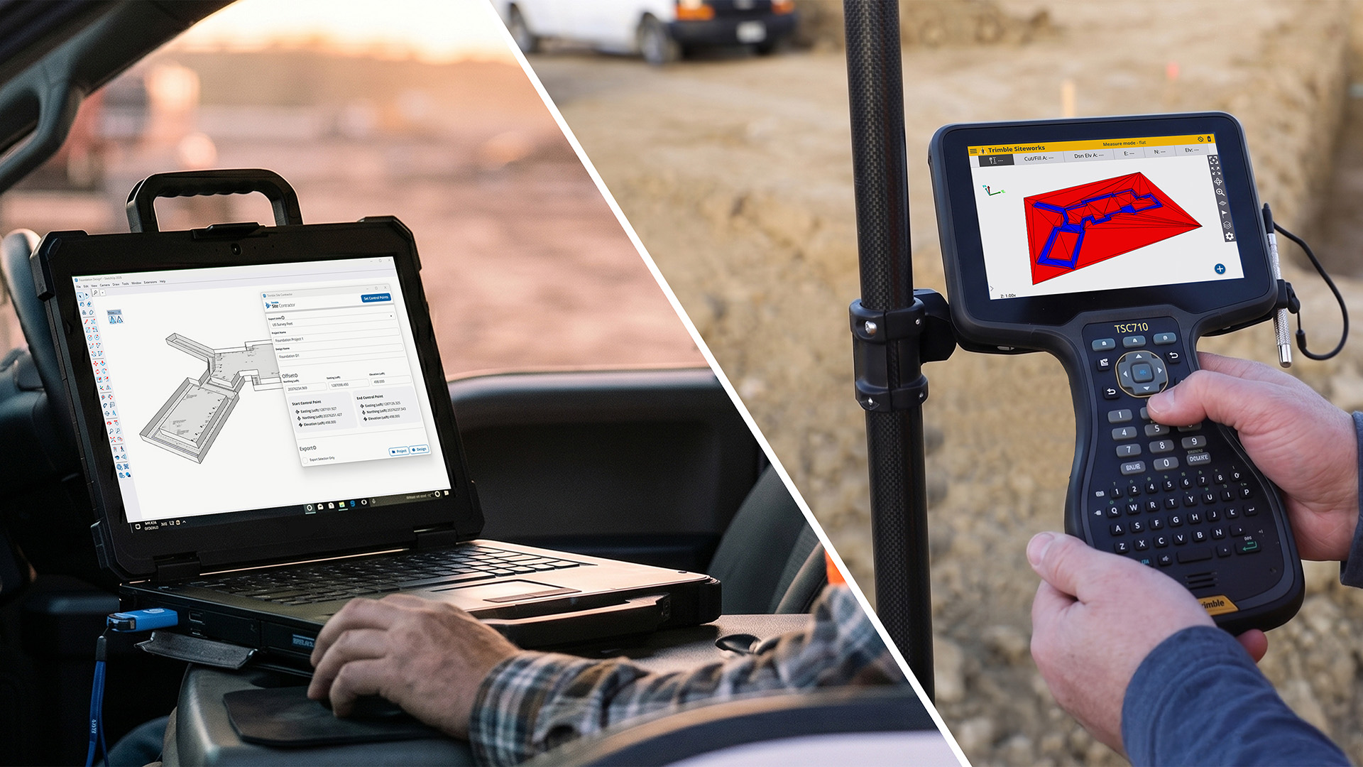 Een gespleten afbeelding die de digitale workflow op de bouwplaats illustreert. Aan de linkerkant bedient iemand een robuuste laptop in de cabine van een truck, waarop een 3D-model van een fundering te zien is. Aan de rechterkant houdt iemand een Trimble TSC7 veldboek vast op de bouwplaats, waarop exact hetzelfde plan in kleur wordt weergegeven voor uitzetwerkzaamheden.