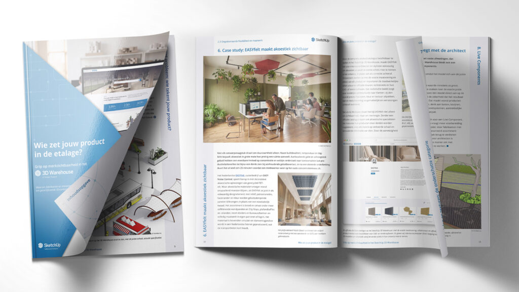 Een realistische mockup van een gedrukte SketchUp whitepaper getiteld 'Wie zet jouw product in de etalage? Grip op vindbaarheid in het 3D Warehouse'. De opengeslagen binnenpagina's tonen een artikel over 'Live Components' en een uitgebreide case study getiteld 'EASYfelt maakt akoestiek zichtbaar', inclusief foto's van interieurontwerpen.