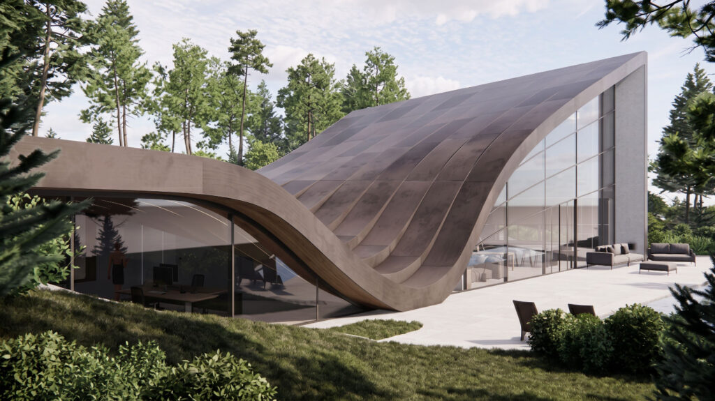 3D AI visualisatie gemaakt met Enscape en Veras van een gebouw met golvend dak in het bos