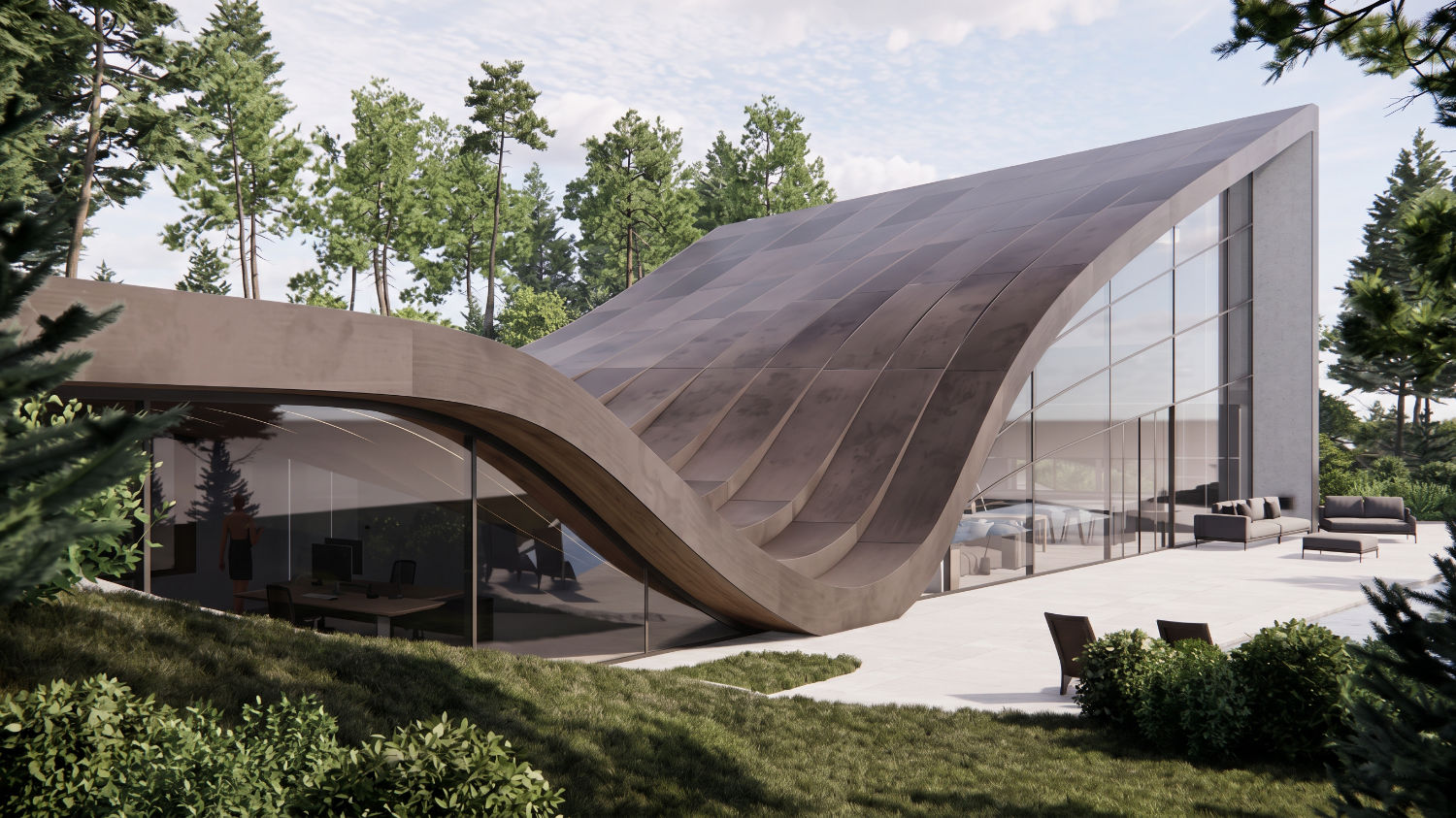 3D AI visualisatie gemaakt met Enscape en Veras van een gebouw met golvend dak in het bos