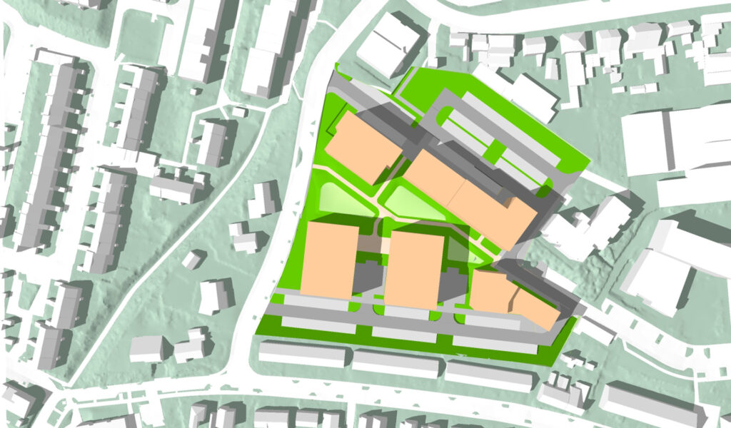 Een bovenaanzicht van een bezonningstudie in SketchUp, waarbij de schaduwval van oranje bouwblokken op een groen terrein en de omliggende witte gebouwen wordt geanalyseerd. Focus: Bezonningstudie, schaduwanalyse, SketchUp stedenbouw, ruimtelijke ordening, architectonische massa-studie.