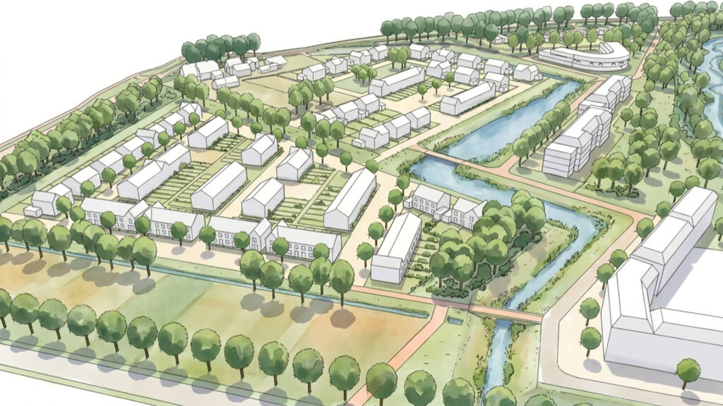 Een AI-gegenereerde aquarel-illustratie van de nieuwbouwwijk via Chaos Veras, direct gebaseerd op het SketchUp-basismodel, gekenmerkt door zachte pastelkleuren en organische texturen. Focus: Chaos Veras aquarel, AI render stedenbouw, van SketchUp naar aquarel, artistieke presentatie, vogelvlucht illustratie.