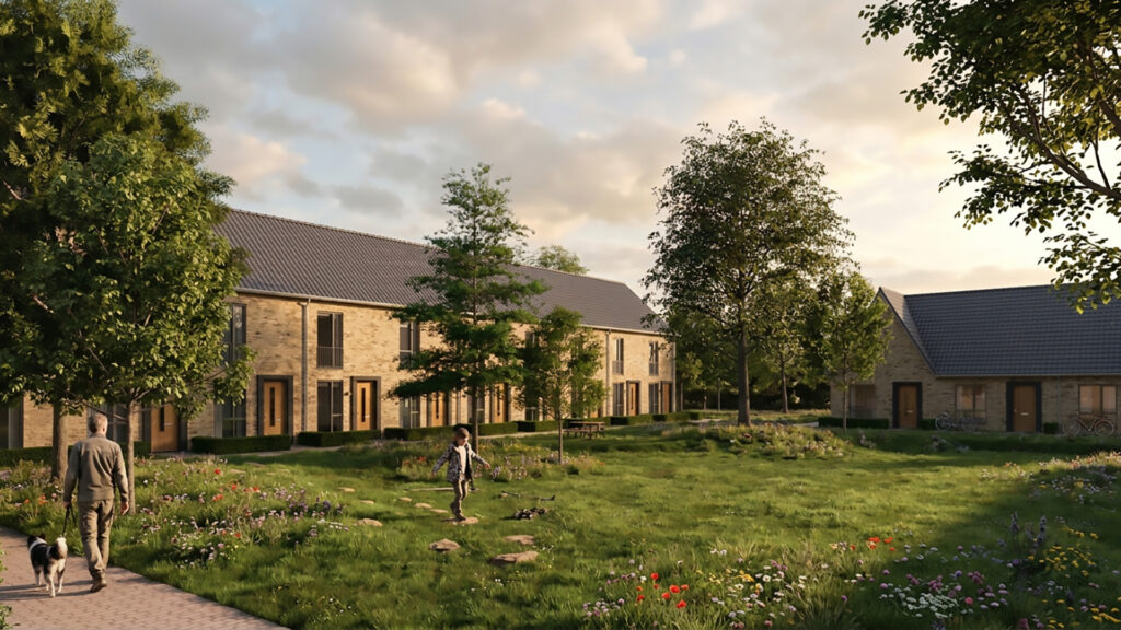 Een fotorealistische render van een woonwijk met bakstenen huizen, een weelderig bloeiend grasveld en bomen bij zacht zonlicht, gevisualiseerd via Chaos Veras. Focus: Chaos Veras render, Buro Waalbrug, stedenbouwkundige visualisatie, architectuur, AI render engine, woonwijk ontwerp.