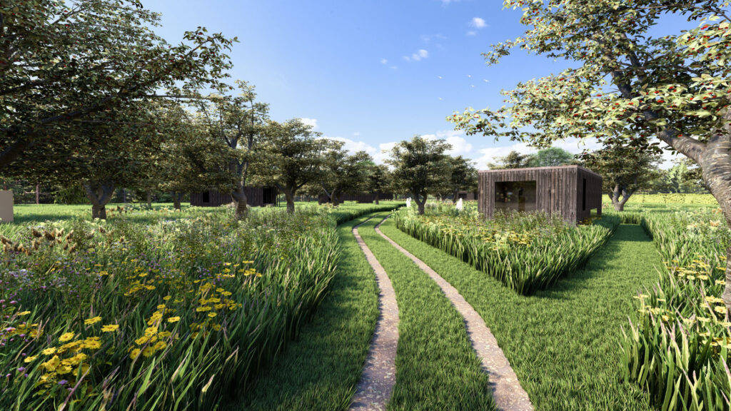 Een realistische 3D-visualisatie in Lumion van een weelderige boomgaard met hoog gras, wilde bloemen, natuurlijke karrensporen en kleine, donkerhouten huisjes. Focus: Lumion render natuur, landschappelijke inpassing, ecologisch bouwen, architectuur in boomgaard, 3D omgeving.