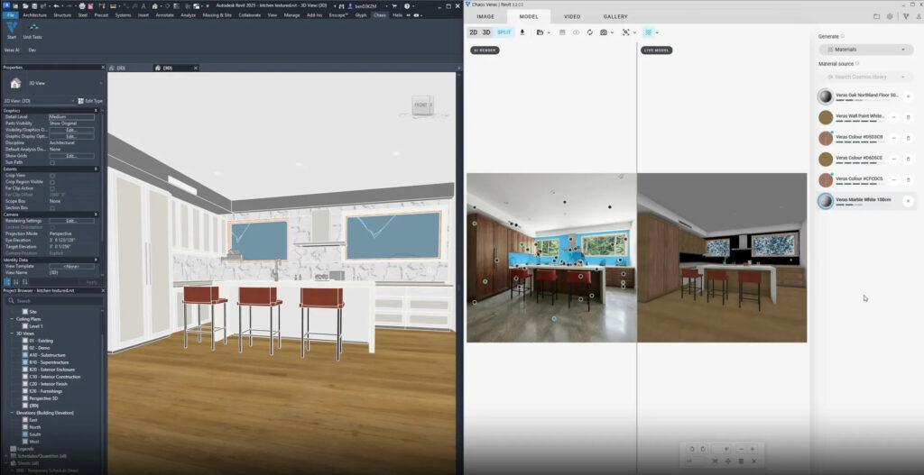 Een gespleten scherm dat de integratie tussen Autodesk Revit en Chaos Veras 5.2 toont. Links is het originele grijze 3D-basismodel van een keuken in Revit te zien. Rechts toont de Veras-interface de gerenderde versie, vergezeld van een nieuw menu waarmee AI-gegenereerde materialen (zoals 'Veras Oak Northland Floor' en 'Veras Marble White') direct worden aangemaakt en toegepast.