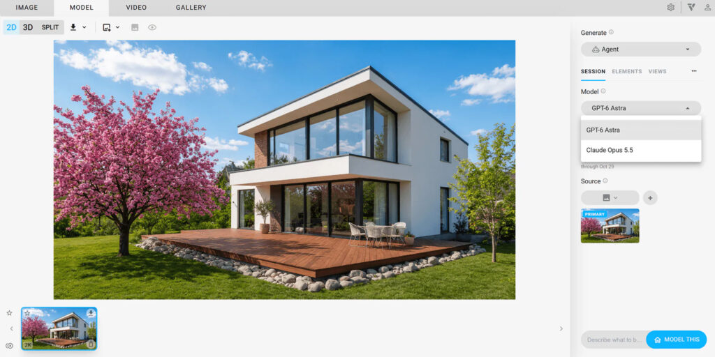 De Chaos Veras 5.2 interface met een uiterst fotorealistische AI-render van een moderne witte woning met grote ramen, een houten vlonder en een bloeiende roze boom in de tuin. In het rechtermenu onder 'Generate' en 'Model' is zichtbaar dat de gebruiker kan kiezen tussen geavanceerde AI-modellen, waarbij 'GPT-6 Astra' actief is en 'Claude Opus 5.5' als tweede optie wordt getoond.