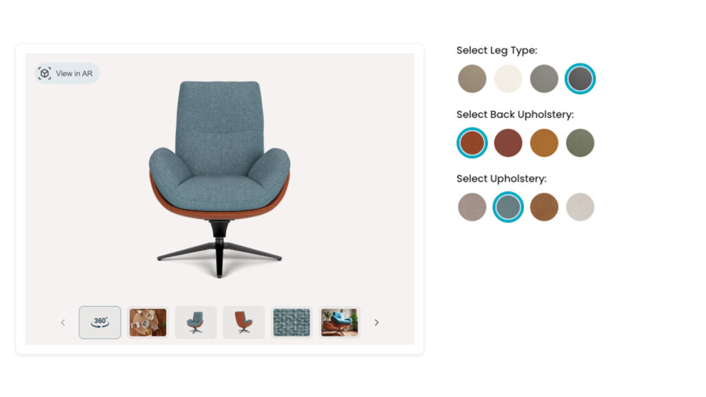 A 3D product configurator interface for furniture. On the left is a photorealistic render of a modern armchair with blue upholstery and a brown backrest, including buttons for a 360-degree view and 'View in AR'. On the right, the user can easily customize the 'Leg Type', 'Back Upholstery', and 'Upholstery' using color palettes.