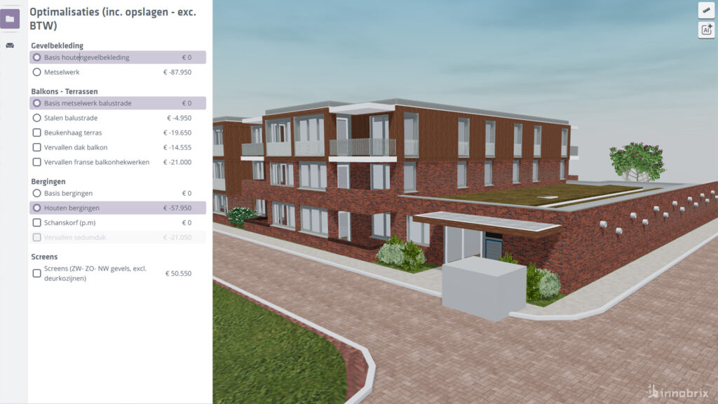 A screenshot of the Innobrix software interface, showing an interactive 3D model of a newly built apartment complex in brick and wood. On the left is a menu titled 'Optimalisaties' (Optimizations) where a user can select options and associated costs for facade cladding, balconies, and storage units.