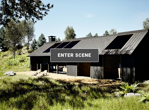 An interactive 3D presentation of a modern black wooden cabin in a forested environment with trees, rocks, and tall grass. Centered in the image is a prominent 'ENTER SCENE' button, inviting users to enter the virtual environment