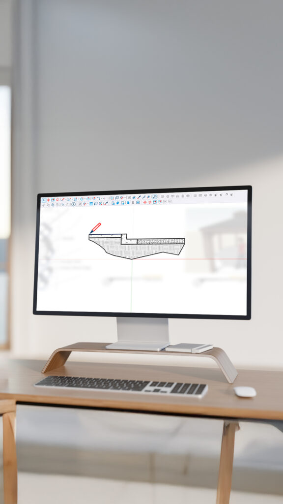 Een verticale monitor toont de 2D-tekenomgeving van SketchUp met de 'Infinite Canvas' functie. Op het scherm wordt een bouwkundig detailtekening van een fundering bewerkt met een rood potlood-icoon. Focus: SketchUp 2027 documentatie, Infinite Canvas, LayOut, 2D detailtekening, bouwkundig tekenen.