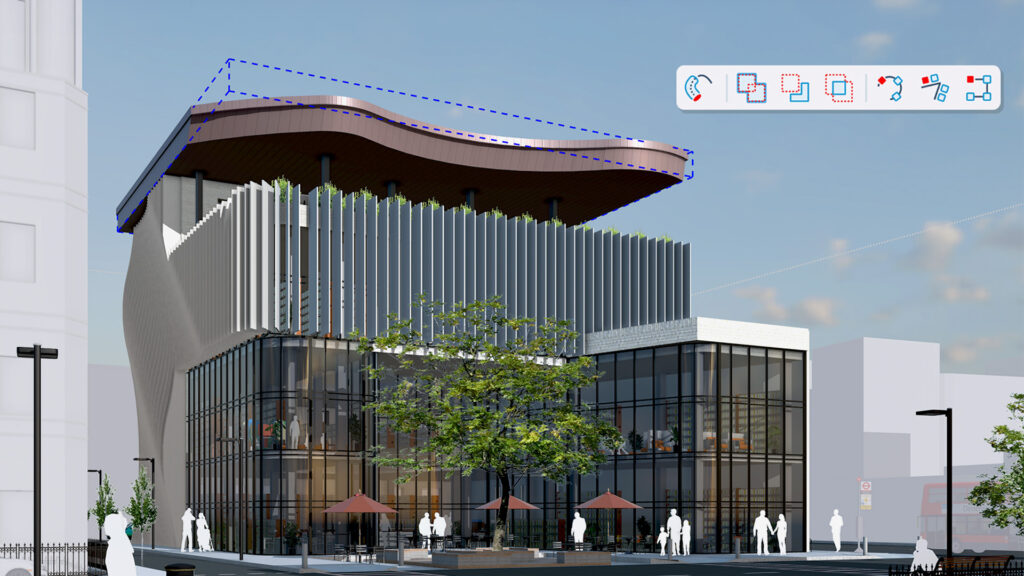 Een 3D-render van een modern gebouw in SketchUp met een opvallend golvend dak, geselecteerd met een blauwe stippellijn. Het ontwerp toont een grote glazen pui, verticale lamellen en een straatbeeld met bomen, witte schaalfiguren en een rode bus op de achtergrond, terwijl rechtsboven een zwevende werkbalk met nieuwe modelleertools zichtbaar is. Focus: SketchUp 2027, 3D architectuur, organisch modelleren, CAD software update, zwevende werkbalk, BIM ontwerp.