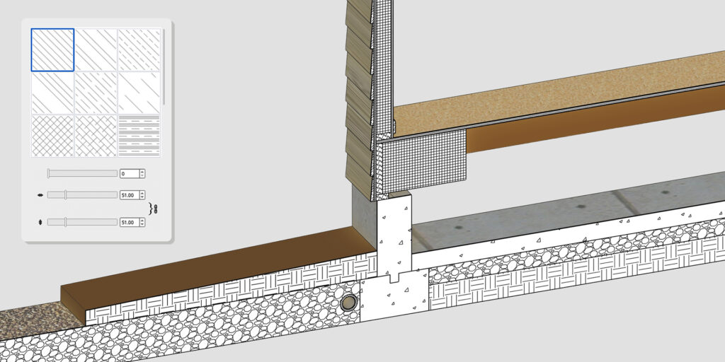 Een close-up van een bouwkundige 3D-doorsnede in SketchUp 2027, waarbij de opbouw van een fundering, vloer en wand gedetailleerd zichtbaar is. Links staat een menu open om de weergave van arceerpatronen (hatching) voor de doorgesneden materialen te beheren. Focus: SketchUp 2027 doorsnede detail, fundering 3D, bouwdetails arceren, hatch tool, CAD doorsnede.