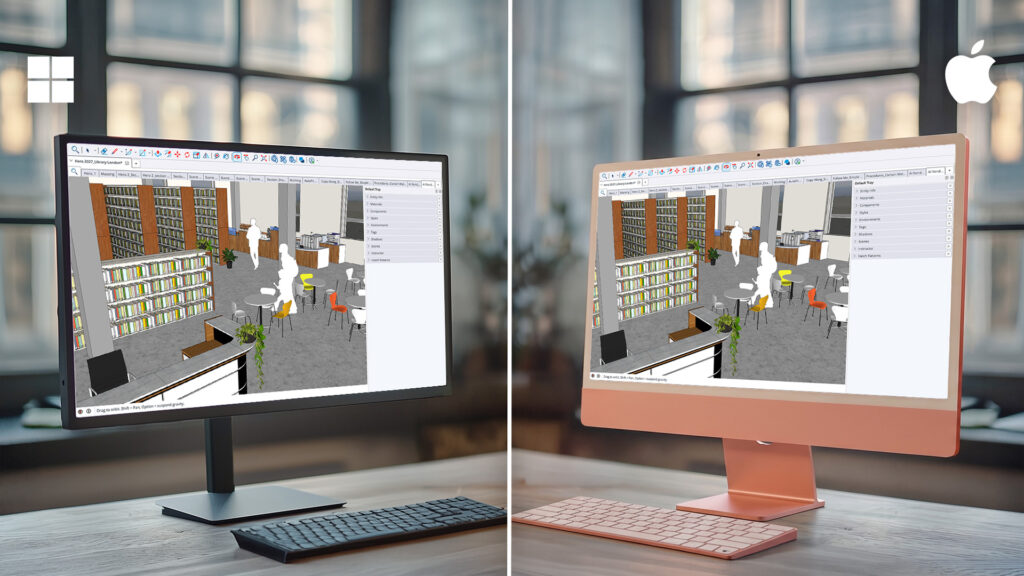 Twee beeldschermen staan naast elkaar op een bureau: een zwarte Windows-monitor links en een koperkleurige Apple iMac rechts. Beide schermen tonen exact dezelfde vernieuwde SketchUp 2027 interface met een 3D-model van een bibliotheekinterieur, wat de naadloze cross-platform ervaring benadrukt. Focus: SketchUp 2027 UI, Windows en Mac compatibiliteit, cross-platform interface, uniforme werkruimte, 3D interieurontwerp.